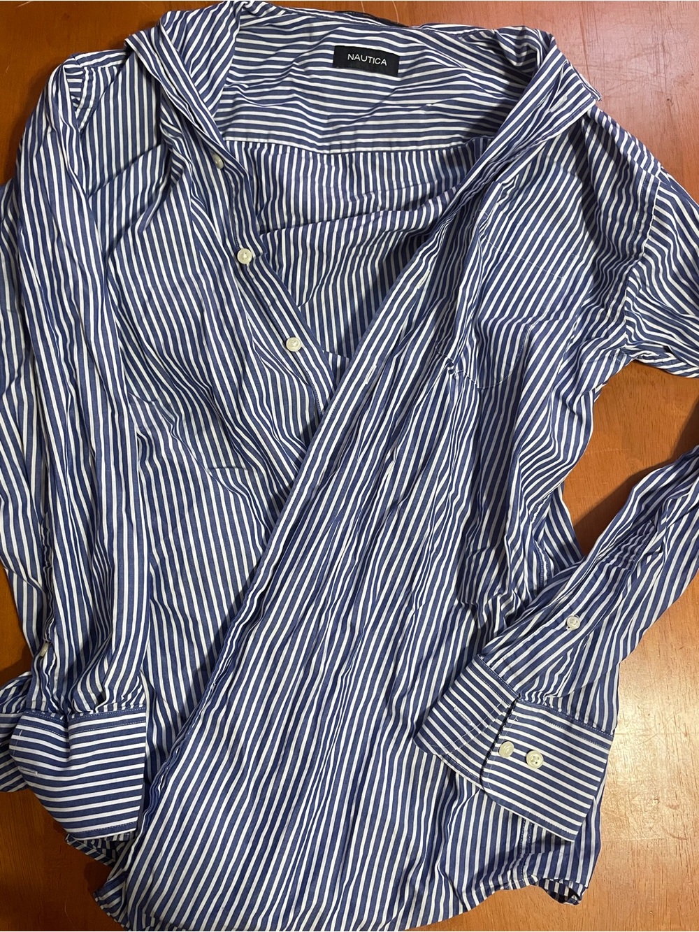 Nautica Blue and White Striped Long-Sleeve Button-Down Shirt